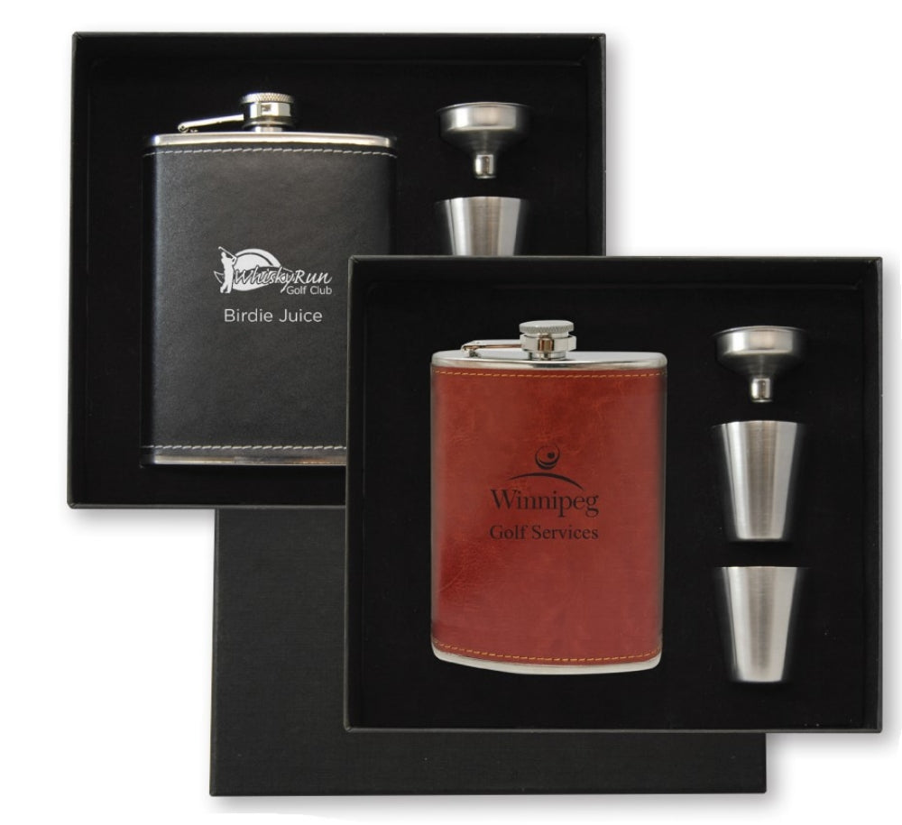 Custom Logo Flask with Leather Wrap - 4PC Set with Shot Glasses