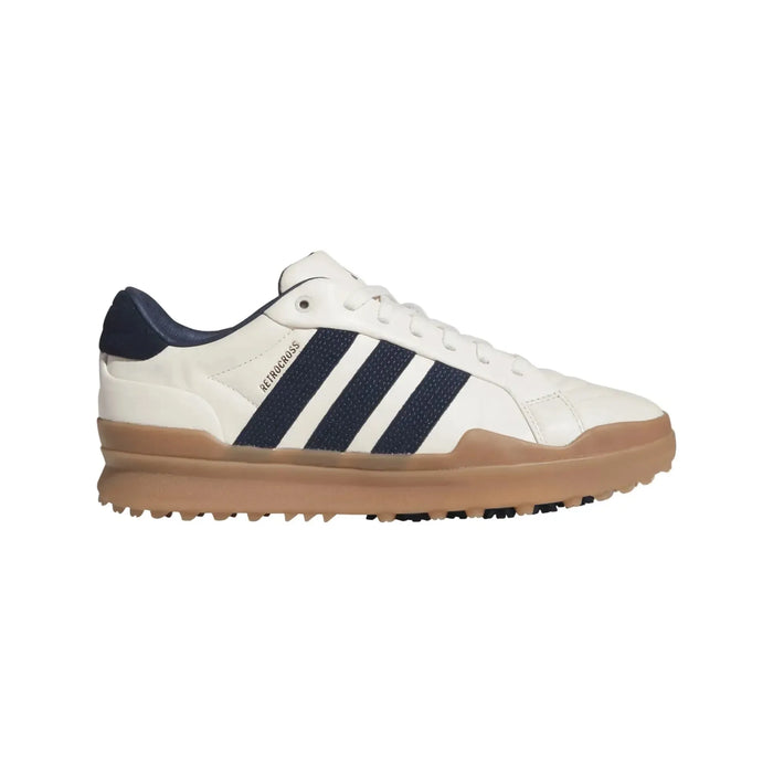 White sneaker with navy stripes on a light gray background