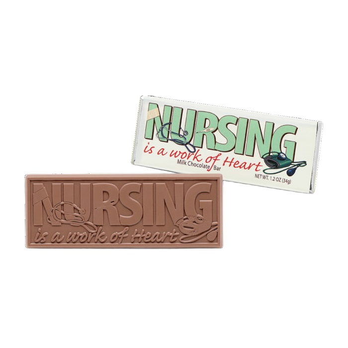 Corporate Gift 2″x5″ Milk Chocolate Wrapper Bar – Nursing is a work of heart. – Case of 50