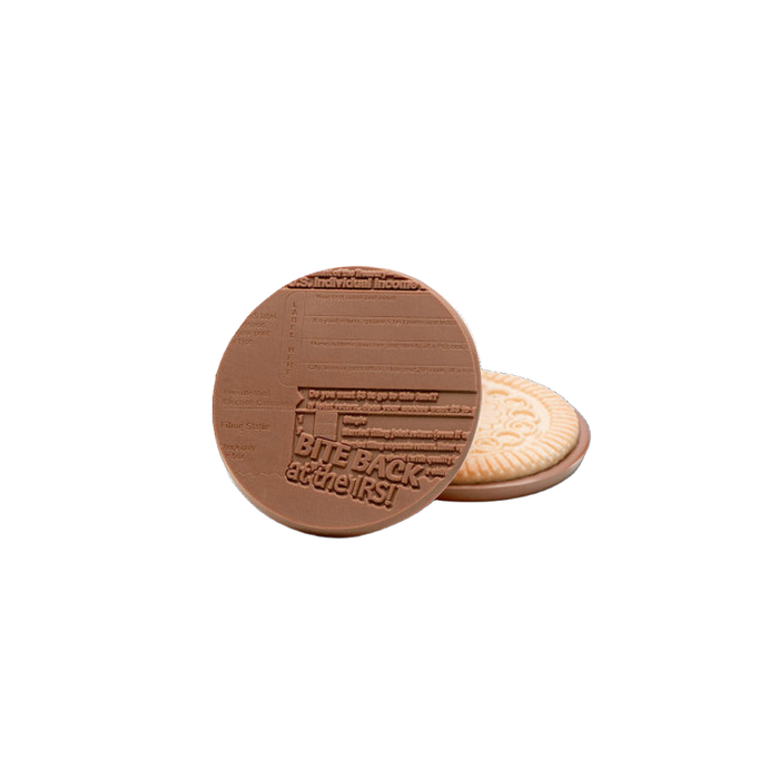 Corporate Gift 3.2″ Large Milk Chocolate Sugar Cookie – Bite Back IRS – Case of 50