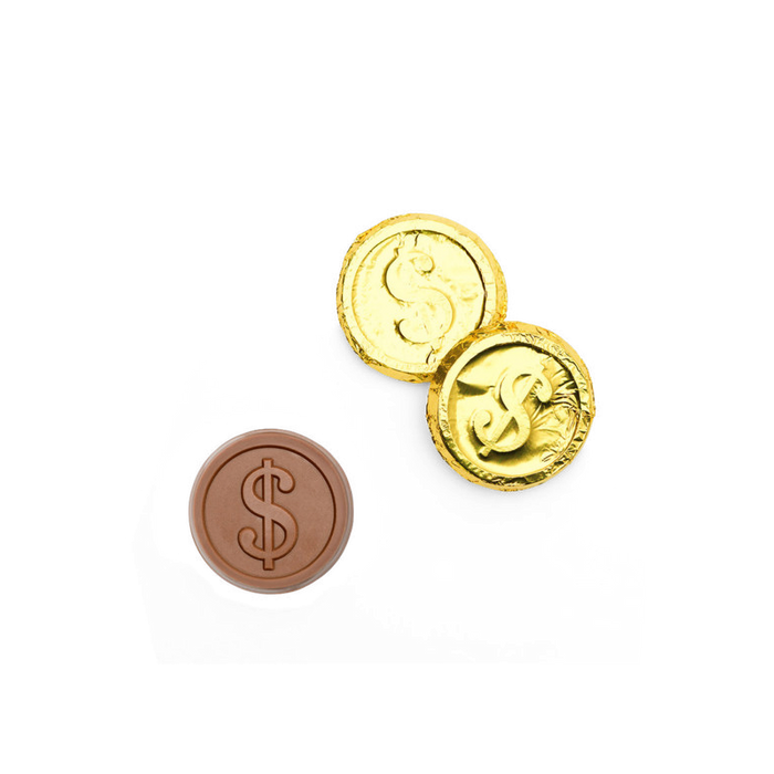 Corporate Gift Premium Gold Foil-wrapped Milk Chocolate Coin – Dollar Sign – Case of 250