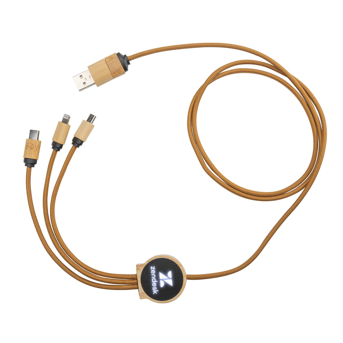Custom Logo Ballmer Bamboo Light-Up Multi-Charge Cable