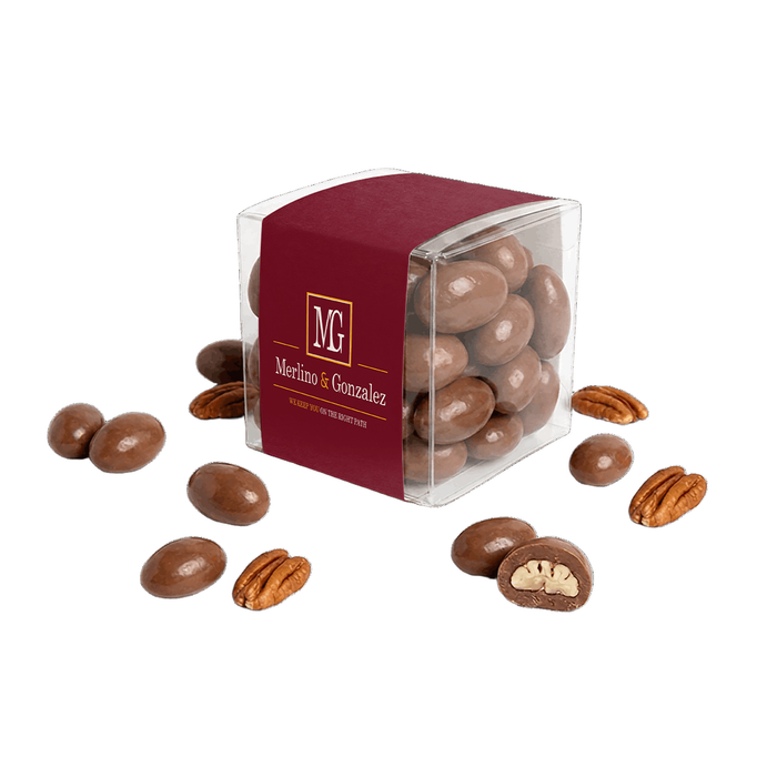 Custom Logo Custom-Sleeve Chocolate-Covered Nuts Cube – 8oz, Full Color Wrap