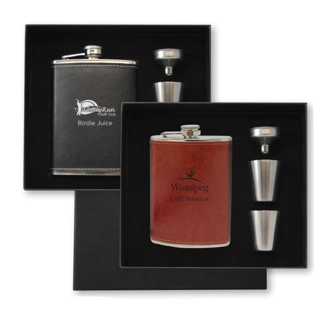 Custom Logo Flask with Leather Wrap - 4PC Set with Shot Glasses
