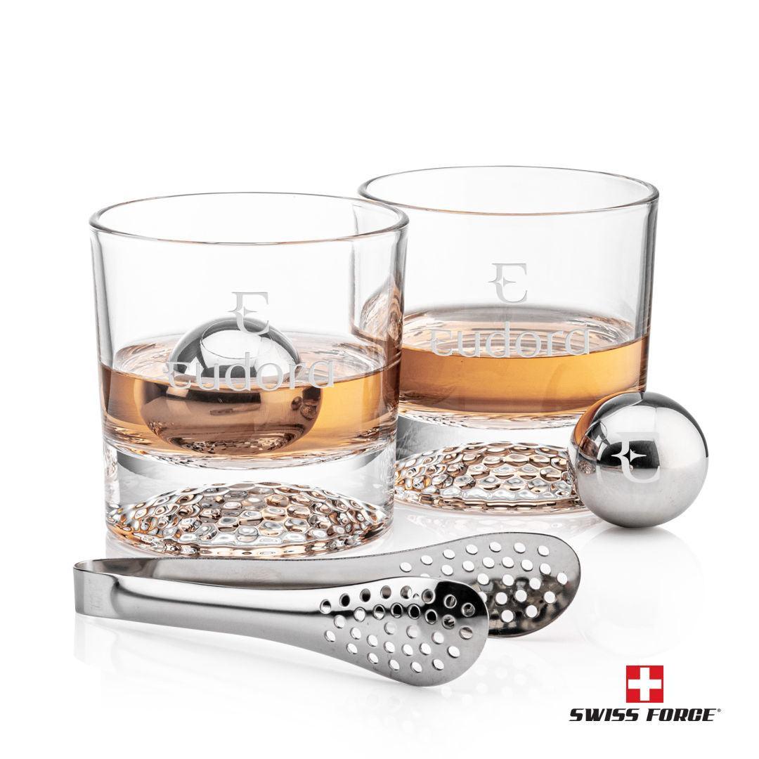 Custom Logo Swiss Force® Stainless Steel Ice Balls, Tong & Glasses