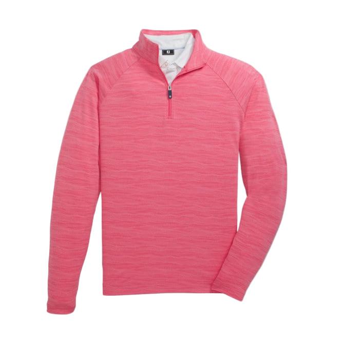 Pink long-sleeve shirt with a quarter zip on a light gray background