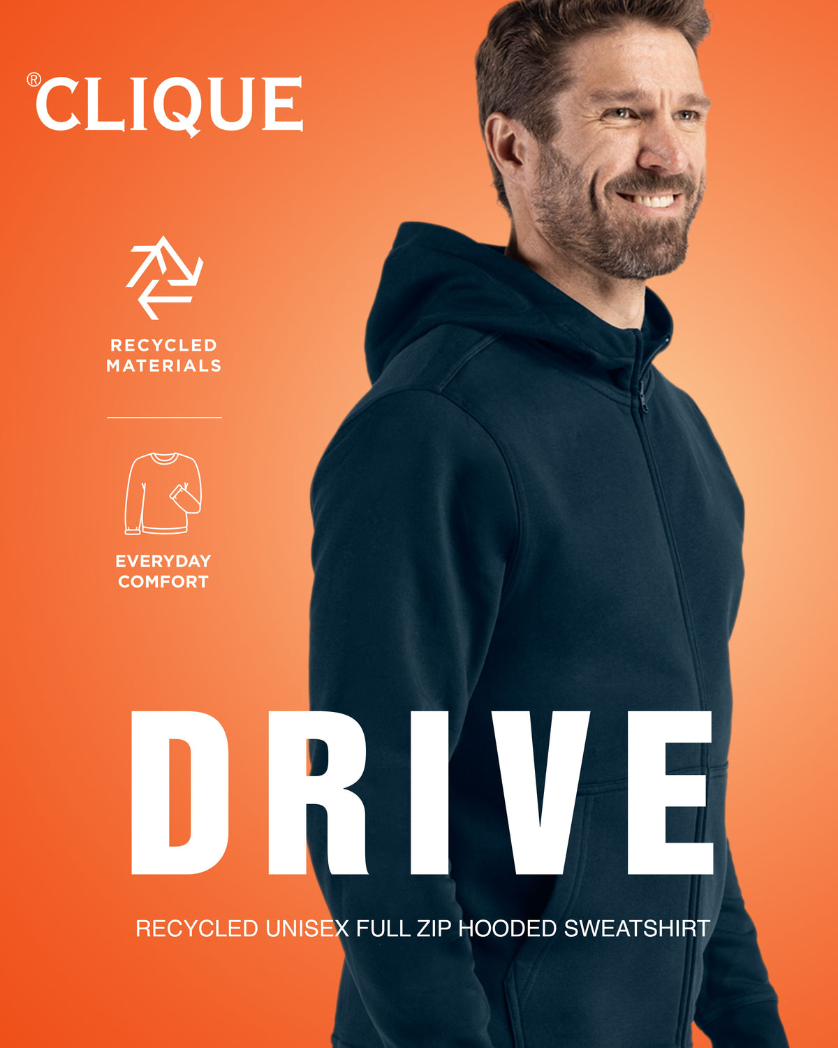 Clique Drive Recycled Unisex Full Zip Hooded Sweatshirt