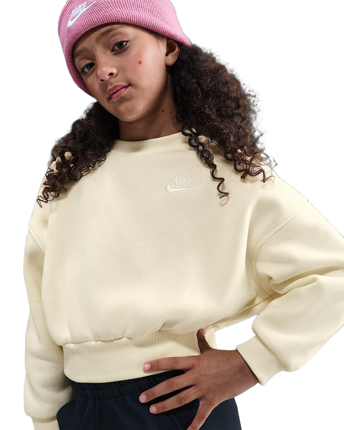 Nike Sportswear Club Fleece Girls' Boxy Crew-Neck Sweatshirt - Soft Pearl / White