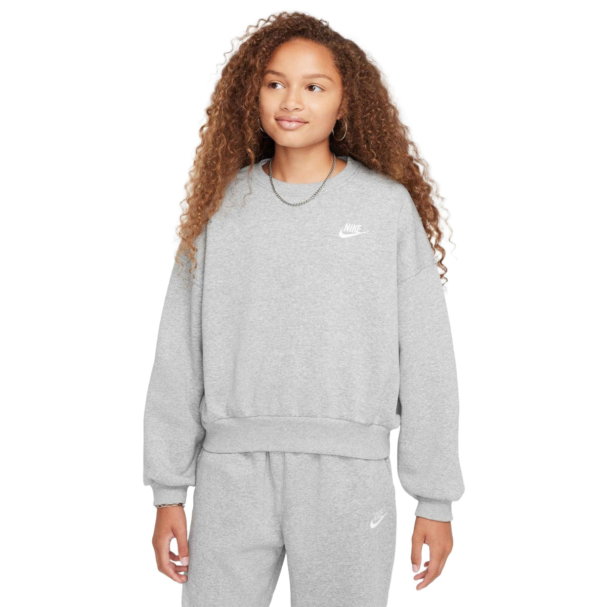 Nike Sportswear Club Fleece Girls' Boxy Crew-Neck Sweatshirt - Dark Grey Heather / White