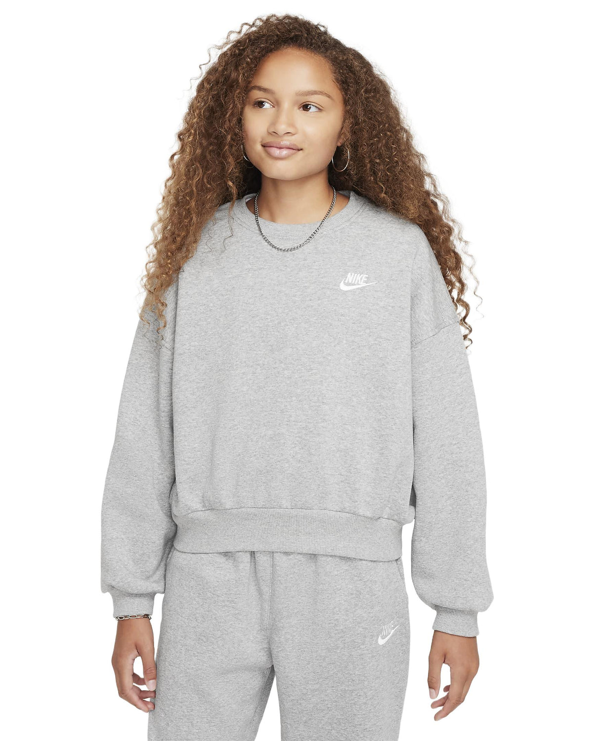 Nike Sportswear Club Fleece Girls' Boxy Crew-Neck Sweatshirt - Dark Grey Heather / White