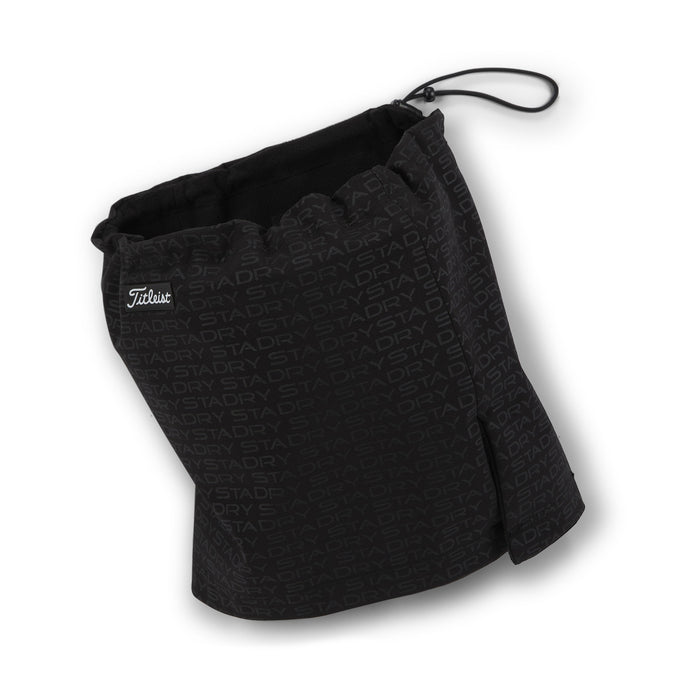Titleist StaDry Neck Warmer in black, angled view showing fleece lining and drawcord