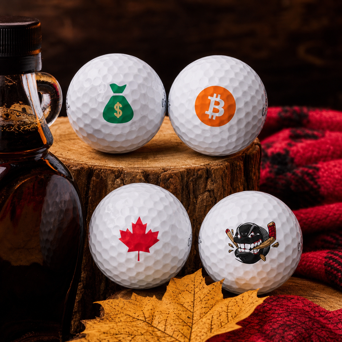 Custom logo golf balls with Canadian symbols and personal designs