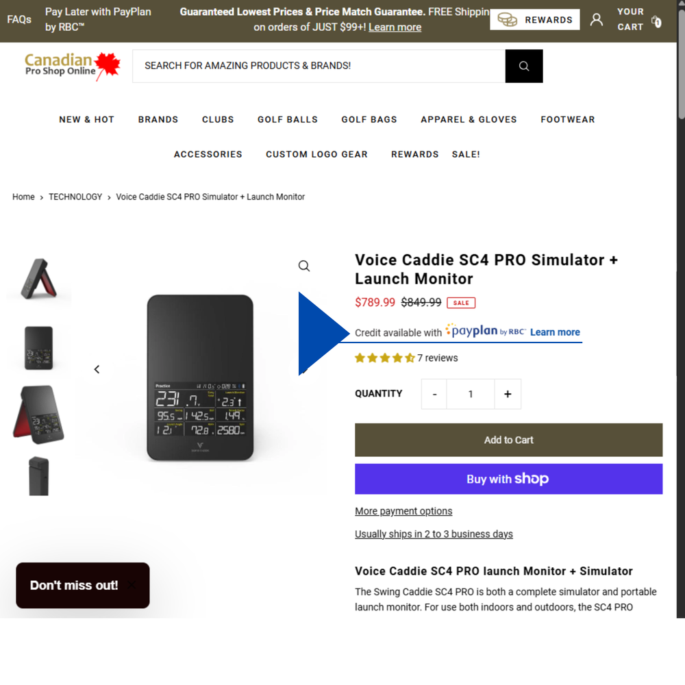 Lien PayPlan par RBC sur une page de produit de Canadian Pro Shop Online