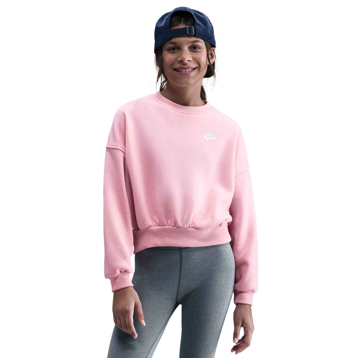 Nike Sportswear Club Fleece Girls' Boxy Crew-Neck Sweatshirt - Medium Soft Pink / White